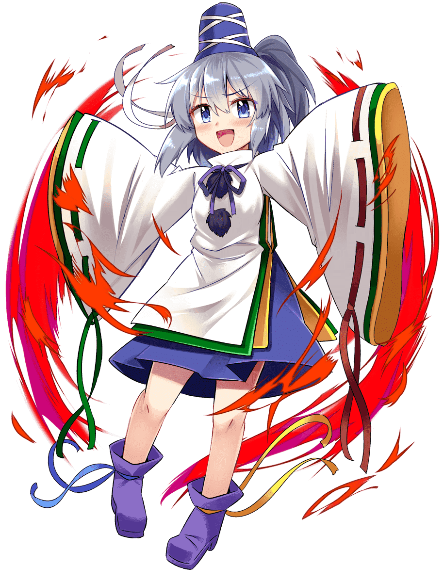 1girl :d blouse blue_eyes blue_hat blue_ribbon blue_skirt blush boots e.o. full_body game_cg green_ribbon grey_hair hair_between_eyes hakurei_frontier_spell_strive half_updo hat highres long_sleeves looking_at_viewer miniskirt mononobe_no_futo neck_ribbon official_art open_mouth outstretched_arms pom_pom_(clothes) purple_boots purple_ribbon red_ribbon ribbon ribbon-trimmed_sleeves ribbon_trim shirt short_hair skirt sleeves_past_fingers sleeves_past_wrists smile solo tate_eboshi third-party_source touhou transparent_background white_shirt wide_sleeves yellow_ribbon
