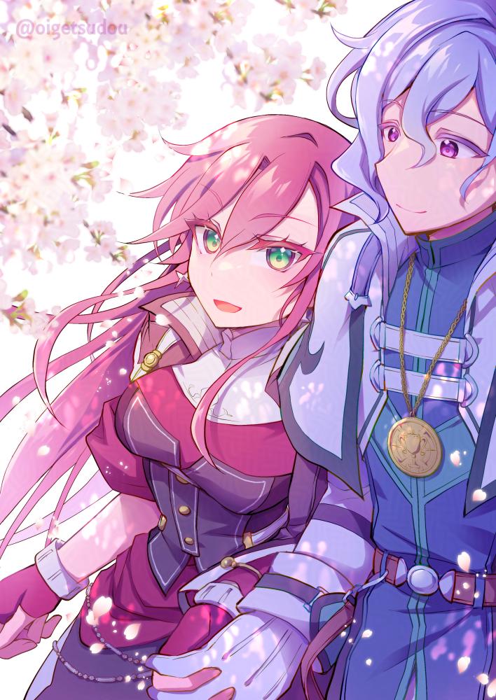 1boy 1girl blue_hair celis_ortesia cherry_blossoms coat double-parted_bangs eiyuu_densetsu falling_petals fingerless_gloves gloves green_eyes hair_between_eyes high_collar holding_hands jacket jewelry kuro_no_kiseki_(series) kuro_no_kiseki_i long_hair medallion mullet oigetsudou_(byakuya_yuu) petals pink_hair purple_eyes red_gloves rion_balthazar short_hair smile white_gloves