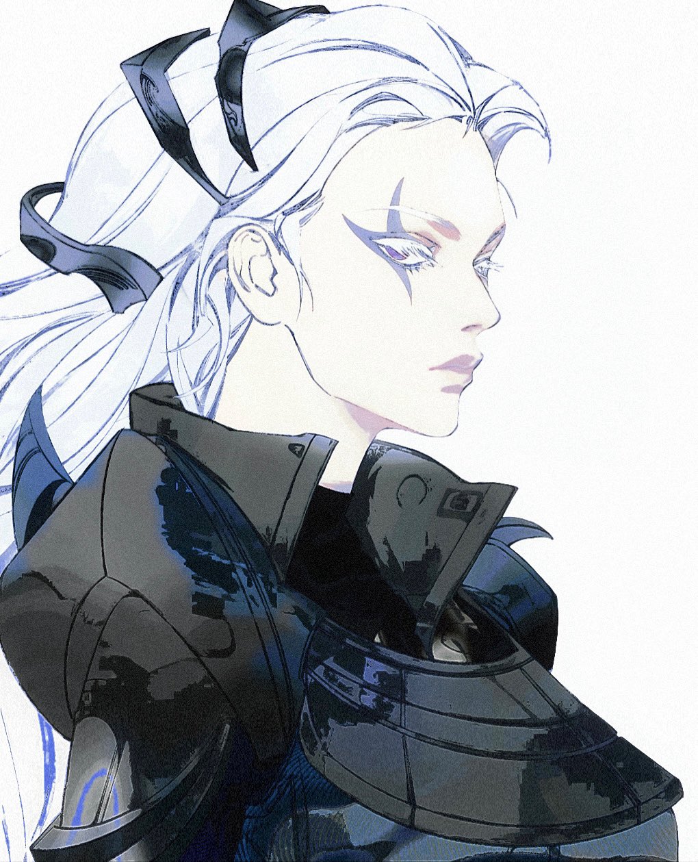 1girl armor black_armor closed_mouth commentary diana_(league_of_legends) expressionless eyelashes facial_tattoo full_armor hair_slicked_back highres jian_tai_(cuoyu0) league_of_legends long_hair looking_at_viewer pale_skin purple_eyes simple_background solo tattoo upper_body white_background white_hair