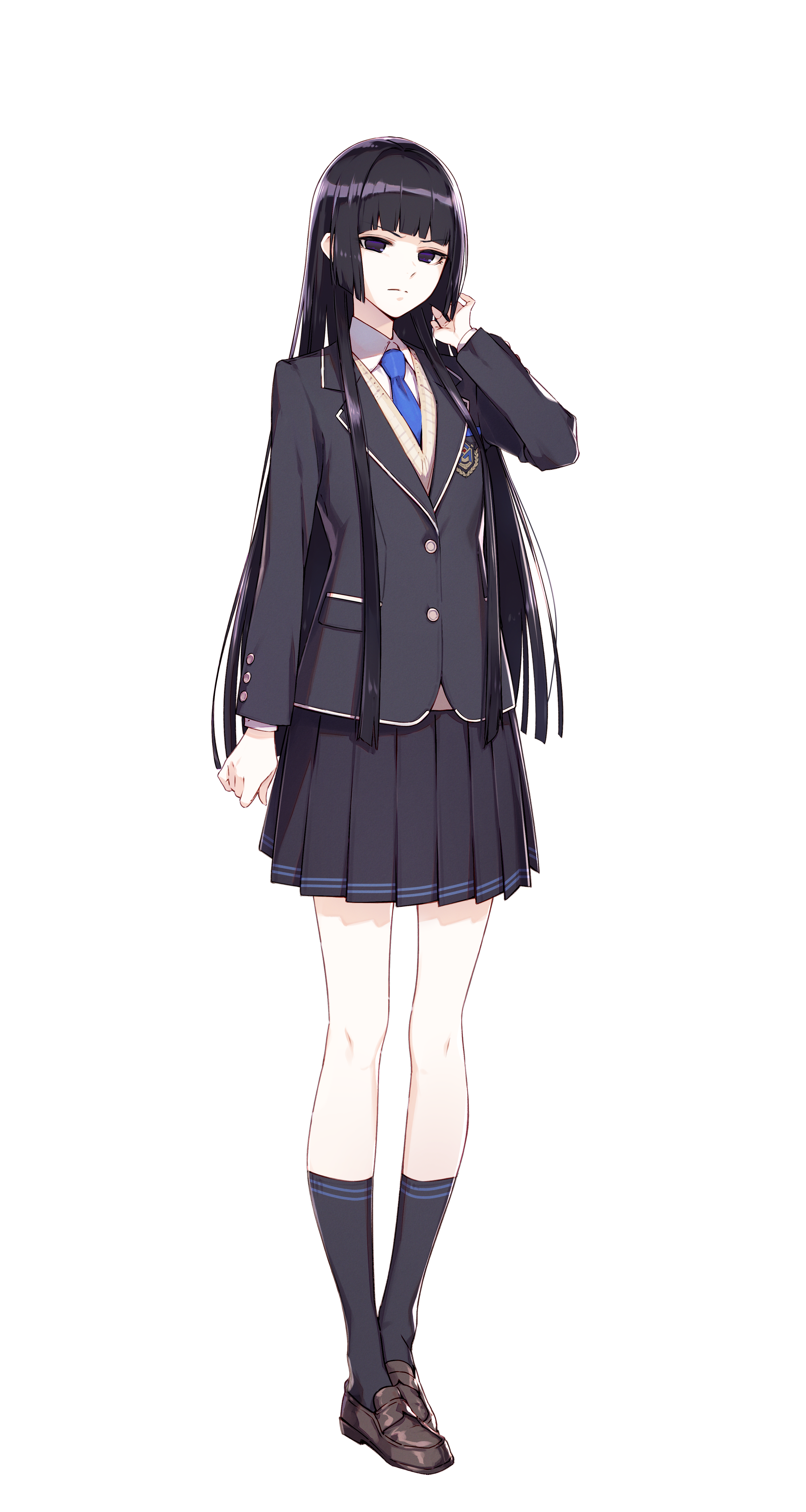 1girl absurdres ankle_socks black_eyes black_hair black_jacket black_skirt black_socks blazer blue_necktie blunt_bangs blunt_ends brown_shoes buttons closed_mouth collared_shirt corpse_party corpse_party_ii_darkness_distortion frown full_body hair_intakes highres hitsugi_maria jacket loafers long_hair long_sleeves looking_at_viewer necktie official_art school_emblem school_uniform shirt shoes sidelocks simple_background skirt socks solo standing sweater tachi-e transparent_background v-shaped_eyebrows white_shirt