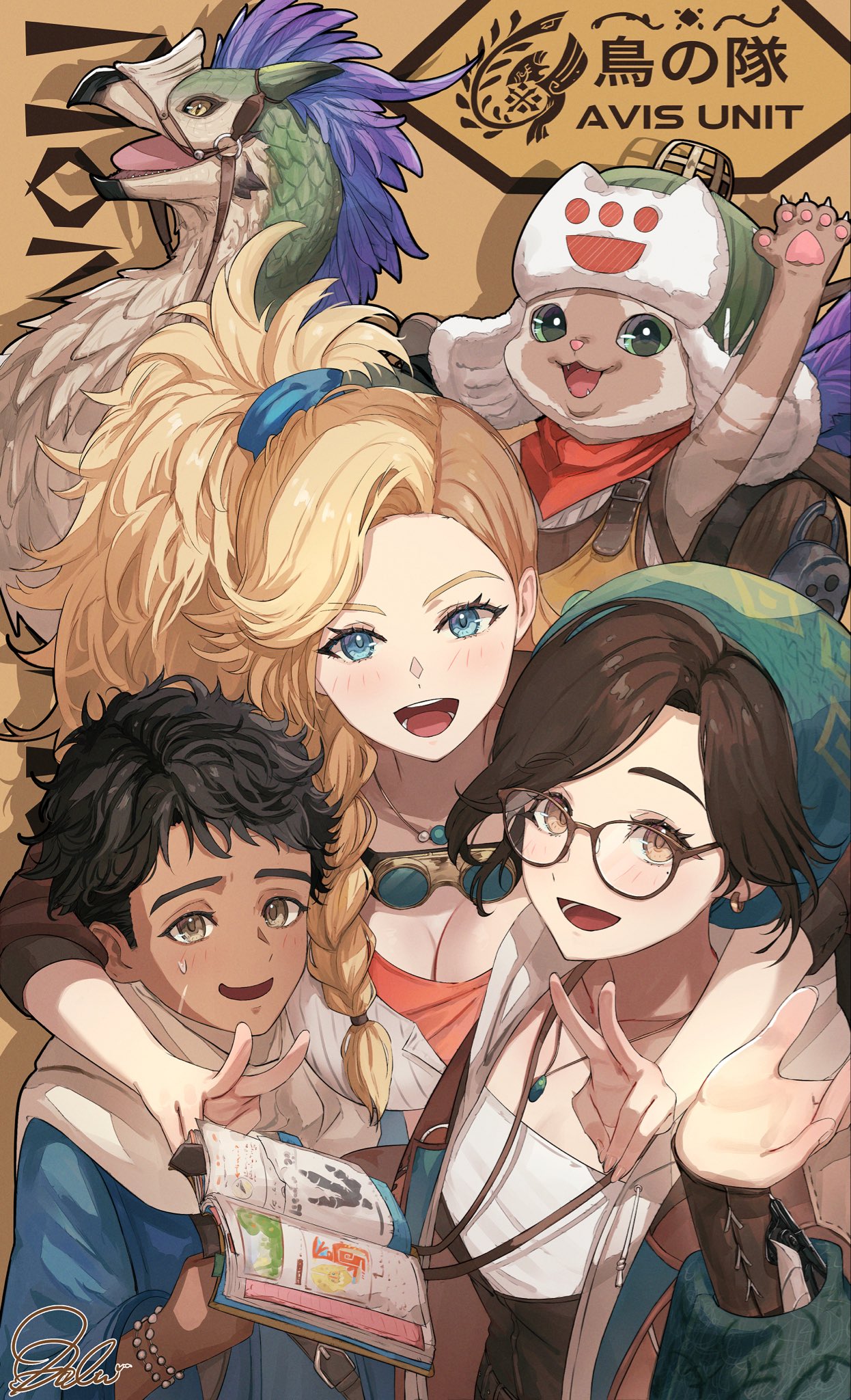 1boy 2girls alma_(monster_hunter_wilds) asymmetrical_hair bandana beak belt bird black-framed_eyewear black_hair blonde_hair blue_eyes blush braid breasts brown_eyes brown_hair cat cleavage crop_top dark_skin dolce_(dolsuke) feathers felyne gemma_(monster_hunter_wilds) glasses goggles goggles_around_neck green_bandana green_feathers highres holding jacket jewelry long_hair long_sleeves looking_at_viewer midriff monster monster_hunter_(series) monster_hunter_wilds multiple_girls nata_(monster_hunter_wilds) navel necklace open_mouth ponytail seikret_(monster_hunter) short_hair side_braid smile sweat tail wings