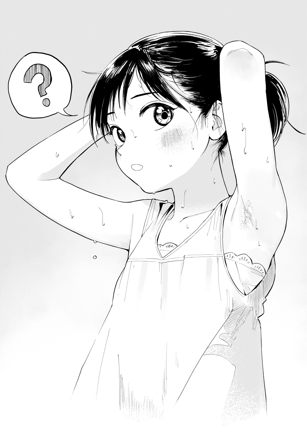 1girl :o ? armpit_hair armpit_stubble armpits arms_up bare_arms blush child collarbone commentary_request gradient_background grey_background greyscale highres looking_to_the_side monochrome original ponytail shirt sleeveless sleeveless_shirt solo speech_bubble spoken_question_mark sweat torii_yoshitsuna tying_hair upper_body