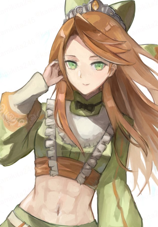 1girl abs closed_mouth etie_(fire_emblem) fire_emblem fire_emblem_engage green_eyes long_hair looking_at_viewer mai_yukari midriff nintendo orange_hair parted_bangs solo swept_bangs upper_body