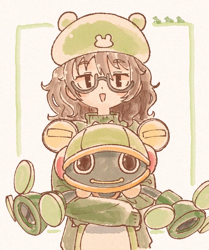 1girl araki_hina bad_id bad_twitter_id brown_eyes brown_hair commentary_request crossover glasses green_hat hat holding idolmaster idolmaster_cinderella_girls long_sleeves looking_at_viewer mega_man_(classic) mega_man_(series) mega_man_4 messy_hair open_mouth robot ruru_ashihara semi-rimless_eyewear short_hair smile solo toad_man under-rim_eyewear upper_body