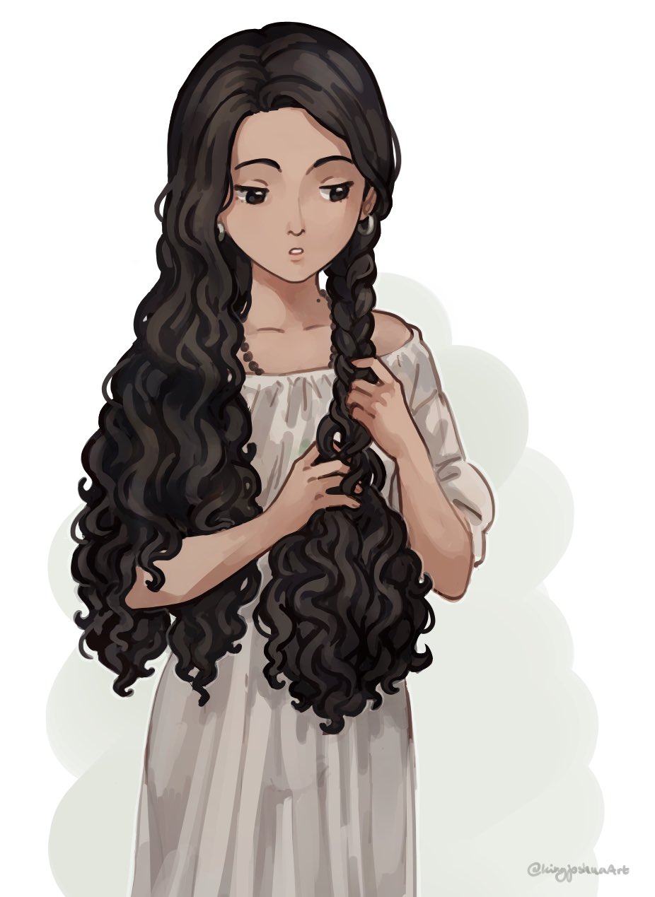 1girl animal_ears averting_eyes black_eyes black_hair collarbone commentary cowboy_shot dress grey_background grey_dress hand_in_own_hair highres kingjoshua la_esmeralda long_hair mole mole_on_neck off-shoulder_dress off_shoulder parted_lips solo standing the_hunchback_of_notre_dame twitter_username two-tone_background wavy_hair white_background