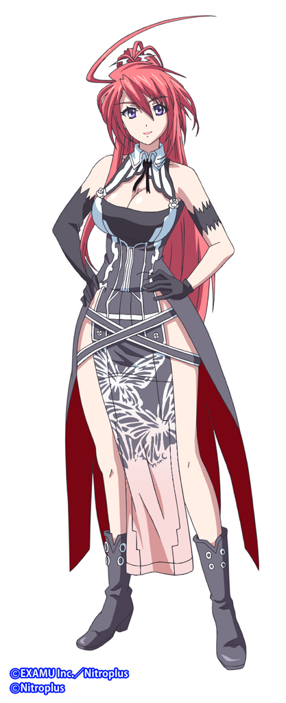 1girl black_boots boots breasts cleavage company_name dress elbow_gloves female_focus gloves hair_between_eyes ignis_(jingai_makyou) jingai_makyou long_hair nitro+_blasterz nitroplus official_art pelvic_curtain ponytail purple_eyes red_hair smile solo sword weapon