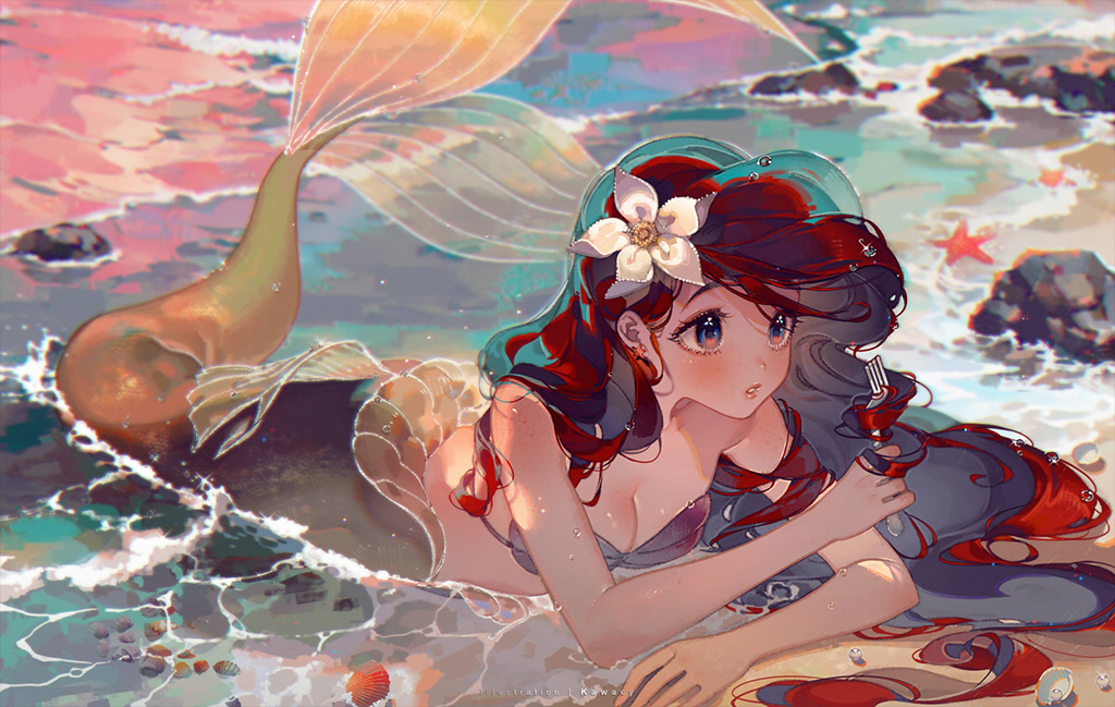 1girl ariel_(disney) beach blue_eyes breasts cleavage day flower hair_flower hair_ornament holding kawacy long_hair medium_breasts mermaid monster_girl outdoors parted_lips red_hair shell shell_bikini shiny_skin solo starfish the_little_mermaid_(disney) water white_flower