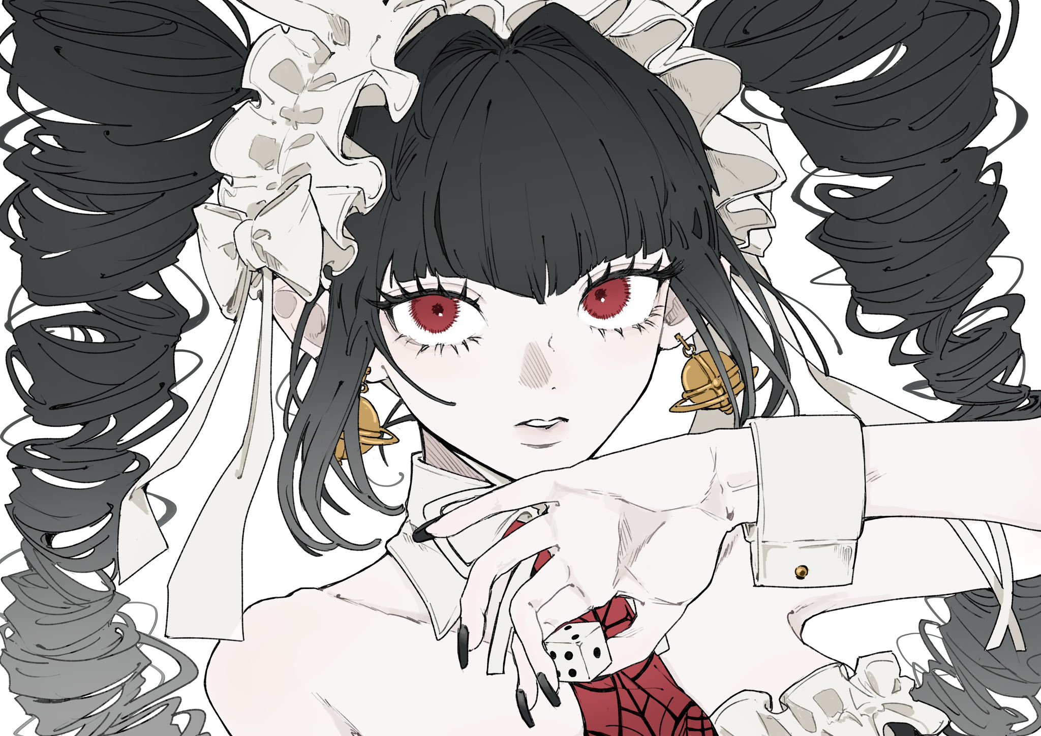 1girl bare_shoulders black_hair celestia_ludenberg collarbone danganronpa:_trigger_happy_havoc danganronpa_(series) dice drill_hair flat_color highres holding holding_dice long_hair maid_headdress ribbon seailand solo teeth upper_body white_ribbon