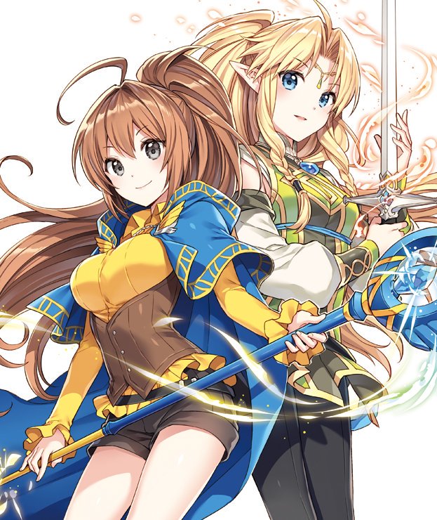2girls ahoge azuma_rin_(isekai_cheat_magician) back-to-back black_eyes black_pants blonde_hair blue_cape brown_hair cape corset detached_sleeves holding holding_staff holding_sword holding_weapon isekai_cheat_magician long_hair miyura_(isekai_cheat_magician) multiple_girls nardack official_art pants parted_lips pointy_ears ponytail shirt shorts simple_background smile staff sword weapon white_background yellow_shirt