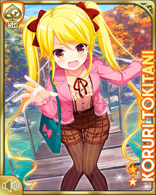 1girl black_shirt blonde_hair bridge brown_legwear brown_shorts card_(medium) character_name day earrings girlfriend_(kari) hair_ribbon jacket jewelry long_hair nervous official_art outdoors panic pink_jacket qp:flapper ribbon shirt shorts solo tokitani_koruri twintails yellow_eyes
