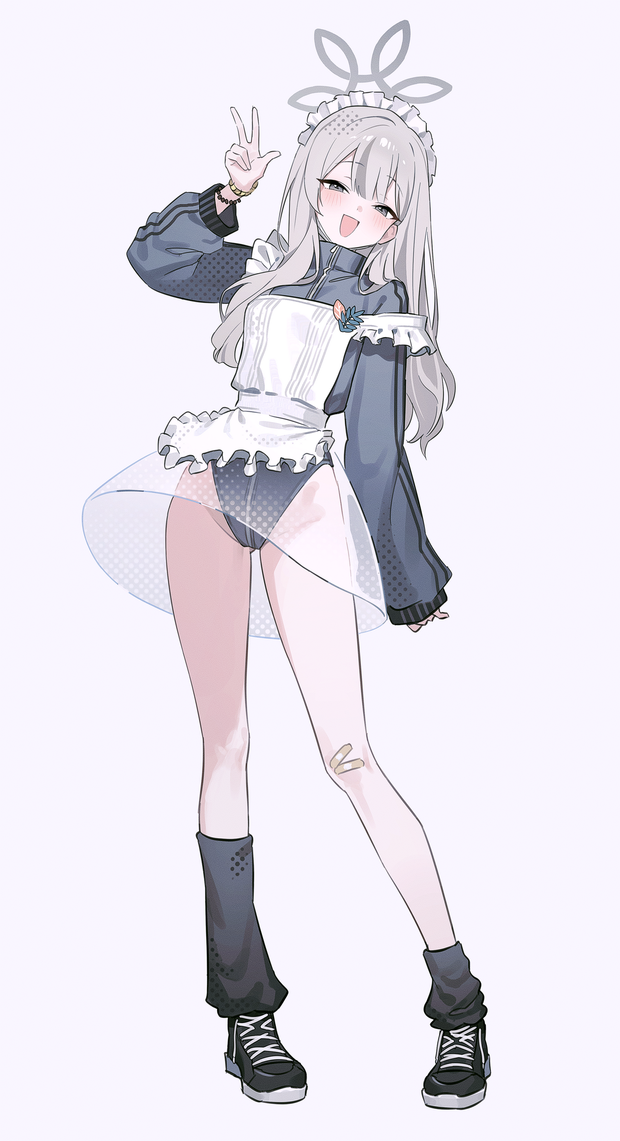 1girl absurdres alternate_costume apron arm_up bandaid bandaid_on_knee bandaid_on_leg black_shoes black_socks blue_archive commentary_request full_body fymrie grey_halo halo highres jersey_maid konoka_(blue_archive) long_hair looking_at_viewer maid maid_apron maid_headdress multicolored_hair open_mouth see-through_clothes see-through_skirt shoes single_loose_sock skirt smile sneakers socks solo streaked_hair unconventional_maid w