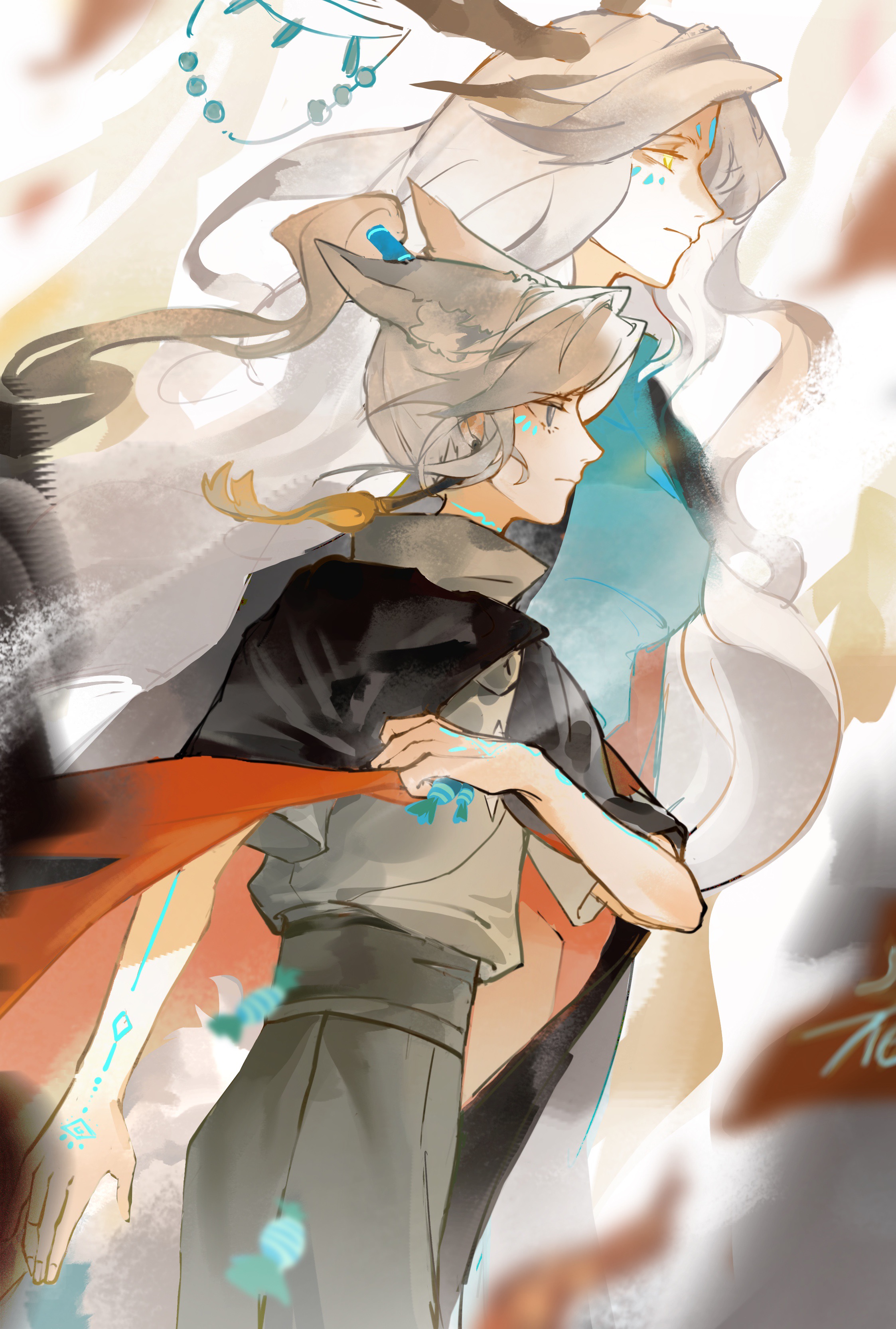 2girls absurdres animal_ears arm_tattoo black_cape blurry cape closed_mouth earrings expressionless facial_mark floating_hair grey_pants grey_shirt hand_tattoo high_ponytail highres horns jewelry long_hair multiple_girls pants ponytail procreate_(medium) prophet_of_water shirt short_sleeves sky:_children_of_the_light tassel tassel_earrings tattoo teth_(sky:_children_of_the_light) two-sided_cape two-sided_fabric wangjidemoe871 white_hair yellow_eyes