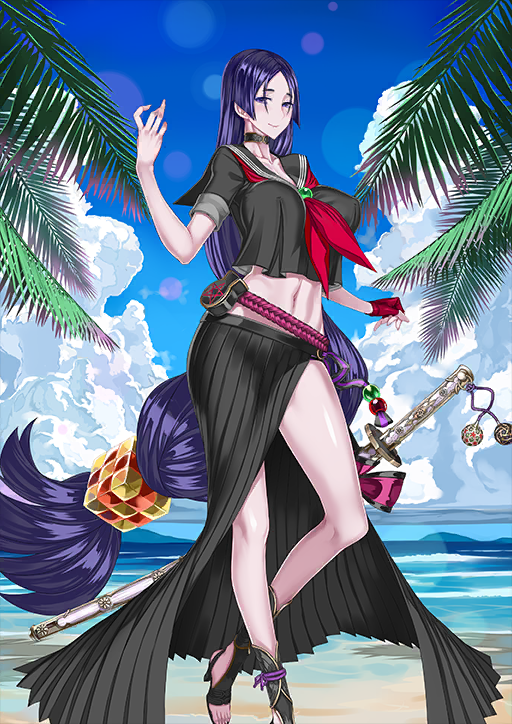 1girl beach bikini black_choker black_sailor_collar black_sandals black_serafuku black_shirt black_skirt blue_sky blurry bokeh breasts choker closed_mouth collarbone covered_erect_nipples crop_top crossed_ankles day delinquent depth_of_field doujigiri_yasutsuna_(fate) eyepatch_bikini fate/grand_order fate_(series) fingerless_gloves front_slit gloves hand_up headwear_request honjou_raita horizon katana large_breasts linea_alba long_hair long_skirt looking_at_viewer low-tied_long_hair midriff minamoto_no_raikou_(fate) minamoto_no_raikou_(fate/grand_order) minamoto_no_raikou_(swimsuit_lancer)_(fate) minamoto_no_raikou_(swimsuit_lancer)_(second_ascension)_(fate) navel neckerchief no_socks ocean official_art outdoors palm_tree parted_bangs pentagram pleated_skirt purple_eyes purple_hair red_gloves red_neckerchief rope sailor_collar sand sandals school_uniform serafuku sheath sheathed shirt short_sleeves single_glove skirt sky smile solo standing sukeban swimsuit sword third-party_source toes tree variant_set very_long_hair weapon