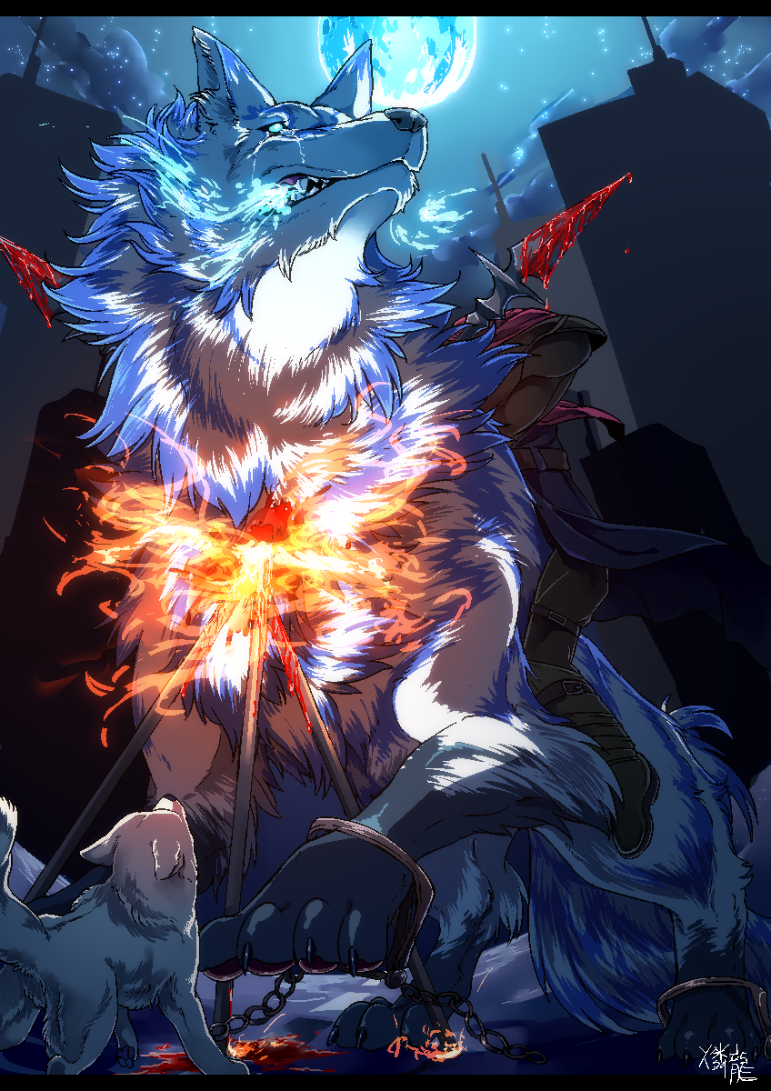 1other animal blue_moon blue_sky dog fate/grand_order fate_(series) fire full_moon headless highres lobo_(fate) moon night night_sky ohayou_milk oversized_animal sky solo wolf