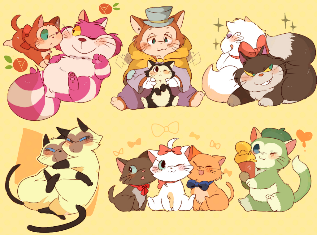 alice&#039;s_adventures_in_wonderland berlioz_(the_aristocats) bow cat cheshire_cat_(alice_in_wonderland) cinderella_(disney_movie) dinah_(disney) disney figaro_(disney) gideon_the_cat hair_bow lady_and_the_tramp lucifer_(cinderella) marie_(the_aristocats) no_humans pom-pom_(cinderella) si_and_am siamese_cat the_adventures_of_pinocchio the_aristocats toulouse_(the_aristocats)
