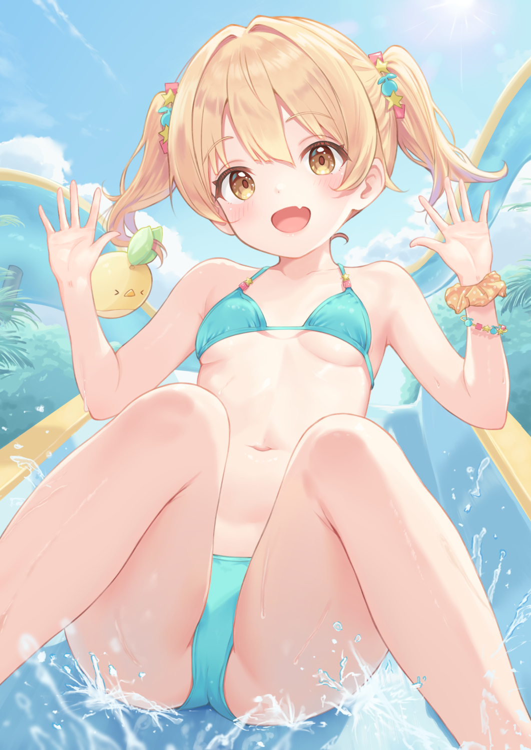 1girl bikini blue_bikini bracelet breasts fang hair_intakes highres jewelry minami_mii navel open_mouth original outdoors rebun scrunchie short_hair skin_fang sliding small_breasts smile solo splashing swimsuit twintails water_slide wrist_scrunchie yellow_eyes yellow_scrunchie