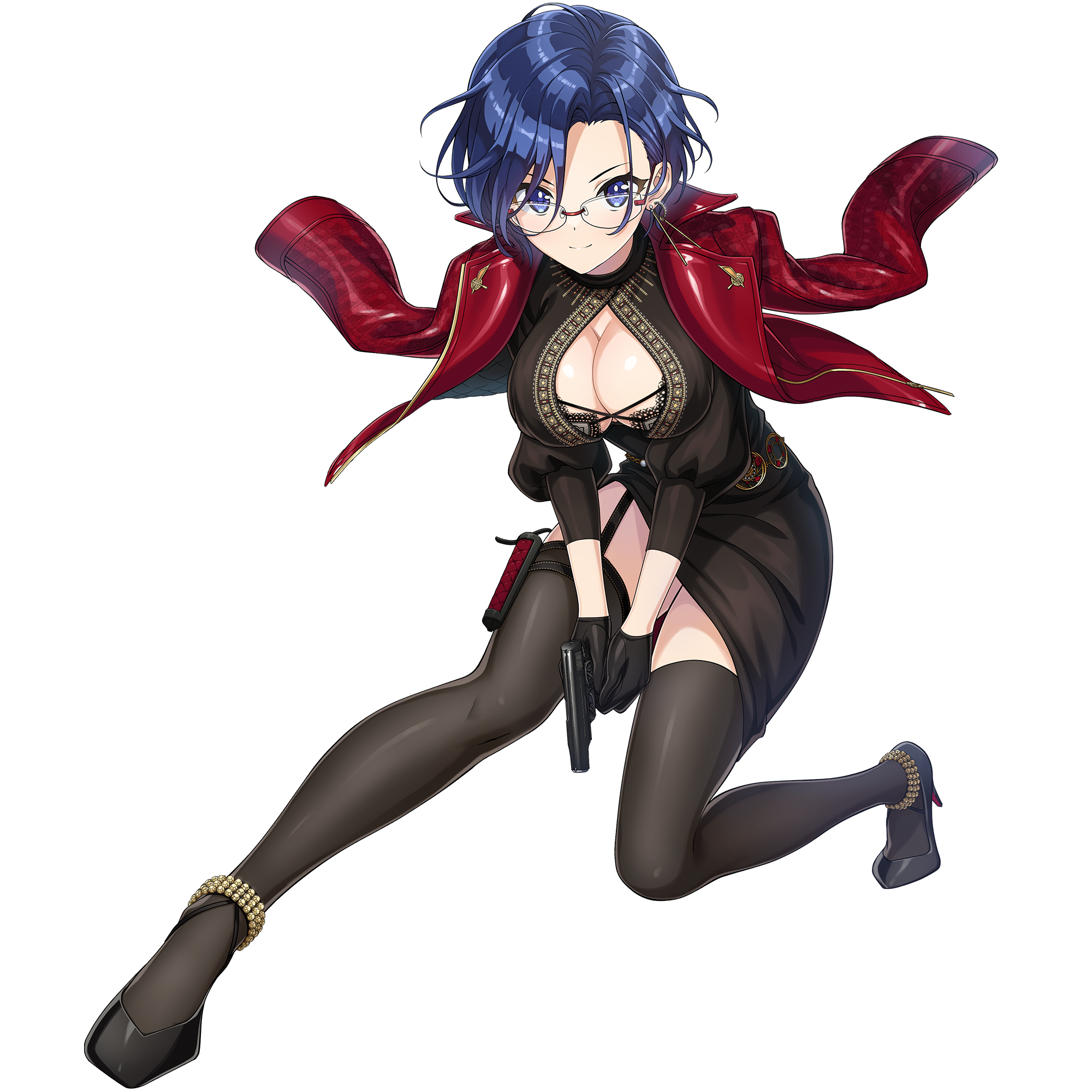 1girl anklet black_dress black_gloves black_thighhighs blue_eyes blue_hair breasts cleavage closed_mouth dolphin_wave dress game_cg garter_straps glasses gloves gun handgun high_heels highres holding holding_gun holding_weapon holster jacket jacket_on_shoulders jewelry juliet_sleeves large_breasts long_sleeves looking_at_viewer non-web_source official_alternate_costume official_alternate_hairstyle official_art ootomo_takuji puffy_sleeves red_jacket short_hair smile solo thigh_holster thighhighs tojou_michiru weapon