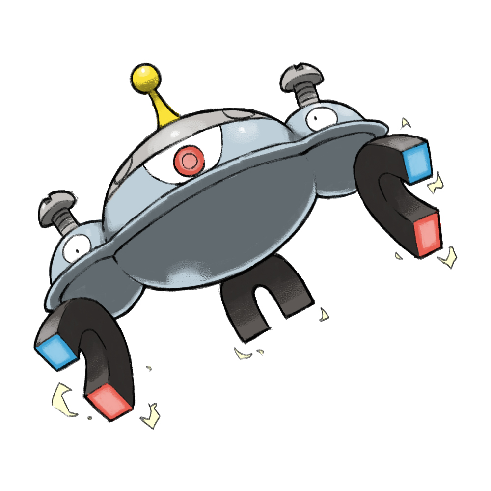 blacknirrow full_body gen_4_pokemon magnet magnezone nintendo no_humans pokemon pokemon_(creature) pokemon_focus red_eyes screw simple_background solo white_background