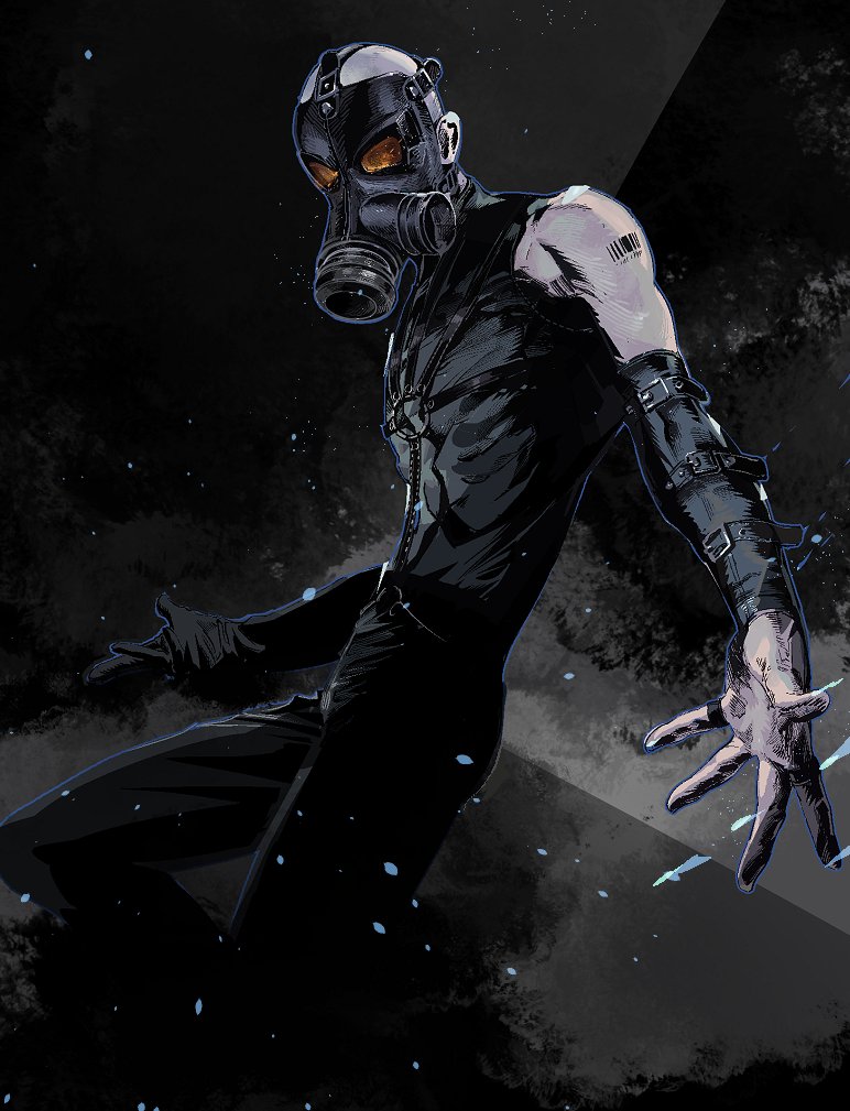 arm_belt bald barcode belt black_gloves chest_belt cofffee detached_sleeves gas_mask gloves male_focus mask metal_gear_(series) metal_gear_solid military o-ring o-ring_belt psycho_mantis single_glove sleeveless solo tattoo yellow_eyes