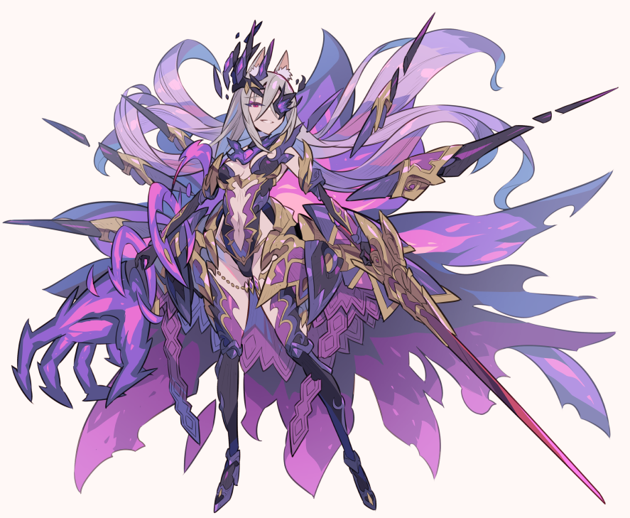 1girl animal_ear_fluff breasts clothing_cutout crossed_bangs elbow_gloves eyepatch fox gloves grey_hair grin hair_between_eyes holding holding_weapon leotard long_hair medium_breasts mk-5 navel navel_cutout princess_connect! red_eyes senri_mana smile thighhighs very_long_hair weapon