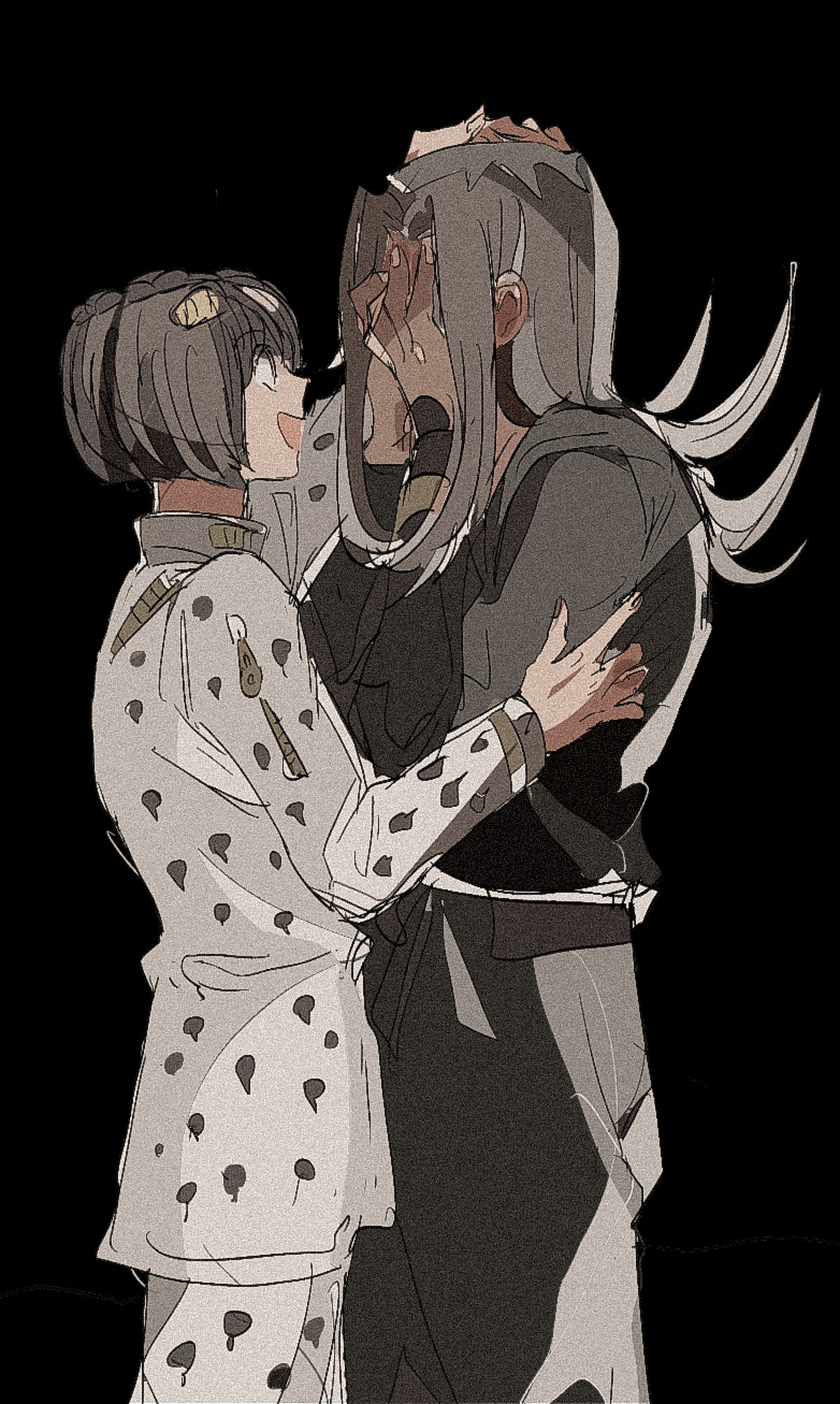 2boys :d black_background black_coat black_hair bruno_bucciarati coat from_side hands_on_own_face headpat highres jojo_no_kimyou_na_bouken leone_abbacchio long_hair male_focus motunikomi multiple_boys open_mouth short_hair smile vento_aureo white_hair yaoi zipper