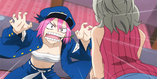 10s 2girls animated animated_gif aqua_eyes binbougami_ga! blue_sky breasts broken_glass bursting_breasts cleavage cloud crossdressing emphasis_lines female_focus gakuran geta glass grey_hair hat jumping large_breasts lowres mouth_hold multiple_girls open_clothes open_shirt pink_hair popped_button pouncing rindou_ranmaru sakura_ichiko sarashi school_uniform shirt short_hair shueisha sky teeth torn_clothes wardrobe_malfunction window