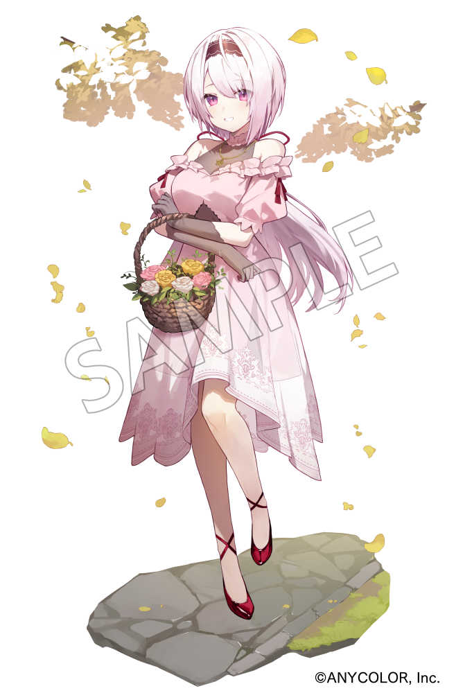 1girl alternate_costume amagasa_yun ankle_lace-up arms_across_body basket choker commentary_request company_name copyright_notice diorama dress elbow_gloves falling_leaves flower_basket frilled_choker frilled_dress frills gloves hairband halterneck high_heels holding holding_basket jewelry leaf long_hair looking_at_viewer low_ponytail medium_dress necklace nijisanji off-shoulder_dress off_shoulder official_art pavement pink_dress pink_eyes pink_hair ponytail puffy_short_sleeves puffy_sleeves red_footwear sample_watermark shiina_yuika short_sleeves simple_background leotard smile solo standing standing_on_one_leg swept_bangs teeth virtual_youtuber watermark white_background