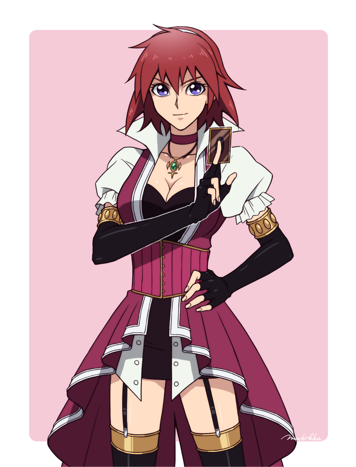 10s 1girl blue_eyes breasts canon_memphis card choker cleavage collarbone corset cosplay cowboy_shot dress elbow_gloves female_focus fingerless_gloves garter_straps gloves hairband hand_on_own_hip holding holding_card izayoi_aki izayoi_aki_(cosplay) jewelry large_breasts looking_at_viewer machi_fuka necklace red_hair short_hair signature smile smirk solo soukyuu_no_fafner thighhighs yu-gi-oh! yu-gi-oh!_5d&#039;s