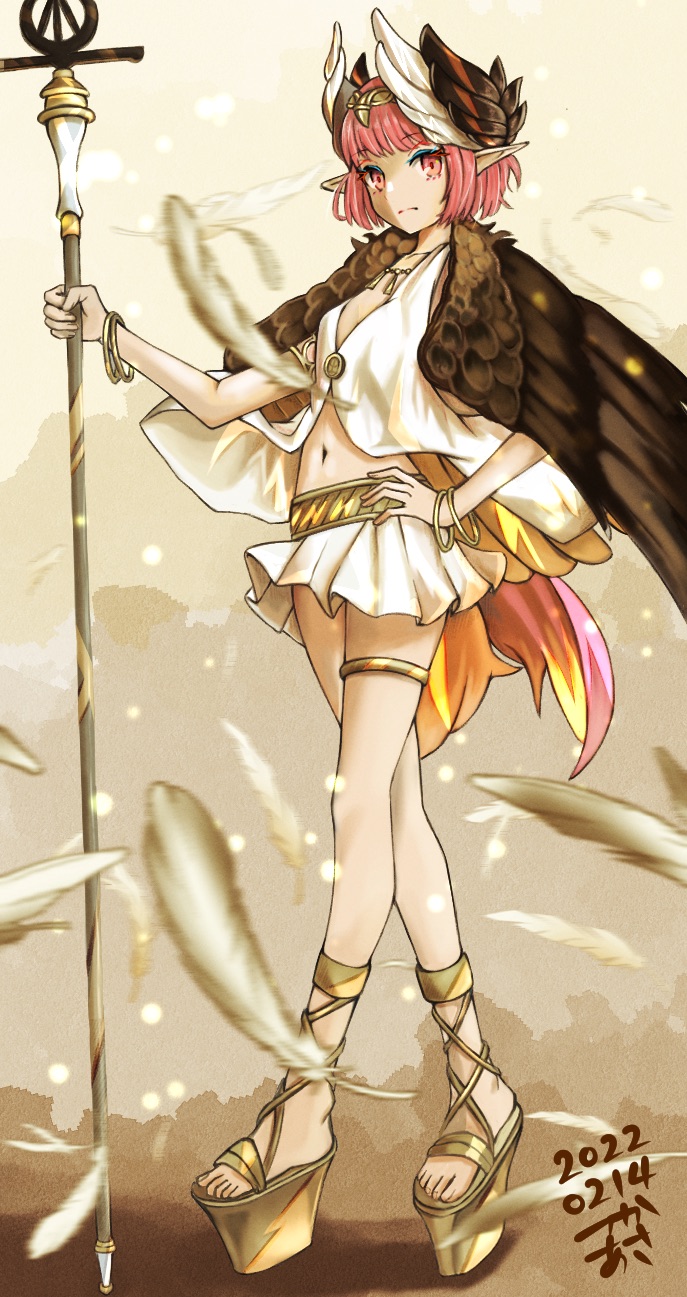 1girl black_wings blunt_bangs bowed_wings bracelet circe_(fate) closed_mouth commentary_request dated dress fate/grand_order fate_(series) feathered_wings feathers gold_bracelet gold_thighlet hair_ornament hand_on_own_hip head_wings highres holding holding_staff jewelry looking_at_viewer navel pink_eyes pink_hair platform_sandals pointy_ears sandals short_hair skirt solo staff tsukaasa white_dress white_skirt wings