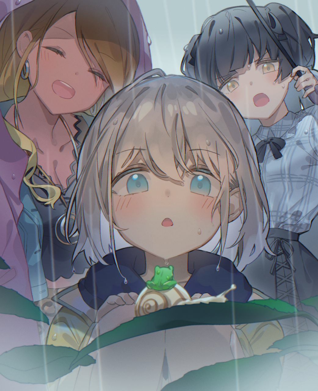 3girls :d :o ^_^ antenna_hair black_hair black_shirt black_skirt blouse blue_eyes blue_jacket blue_shirt bow brown_eyes brown_hair closed_eyes commentary_request cross-laced_clothes cross-laced_skirt earrings facing_viewer frog grey_hair highres holding holding_umbrella idolmaster idolmaster_shiny_colors izumi_mei jacket jewelry kanase_(mcbrwn18) looking_down mayuzumi_fuyuko multiple_girls open_mouth outdoors plant purple_jacket rain raincoat serizawa_asahi shirt side_part skirt smile snail straylight_(idolmaster) umbrella wet wet_hair wet_lens yellow_jacket