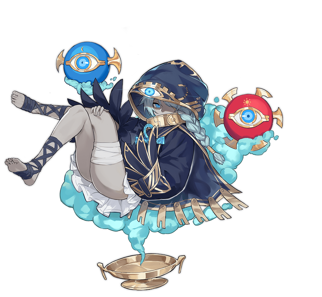 1girl ankh ark_order bandaged_leg bandages black_coat black_ribbon blue_eyes blue_hair braid cloud coat colored_skin eye_print full_body gold_trim grey_skin holding hood hooded_coat horus_(ark_order) kzhu leg_ribbon long_sleeves looking_at_viewer lying official_art on_back ribbon sidelocks single_braid sleeves_past_fingers sleeves_past_wrists solo tachi-e third_eye transparent_background