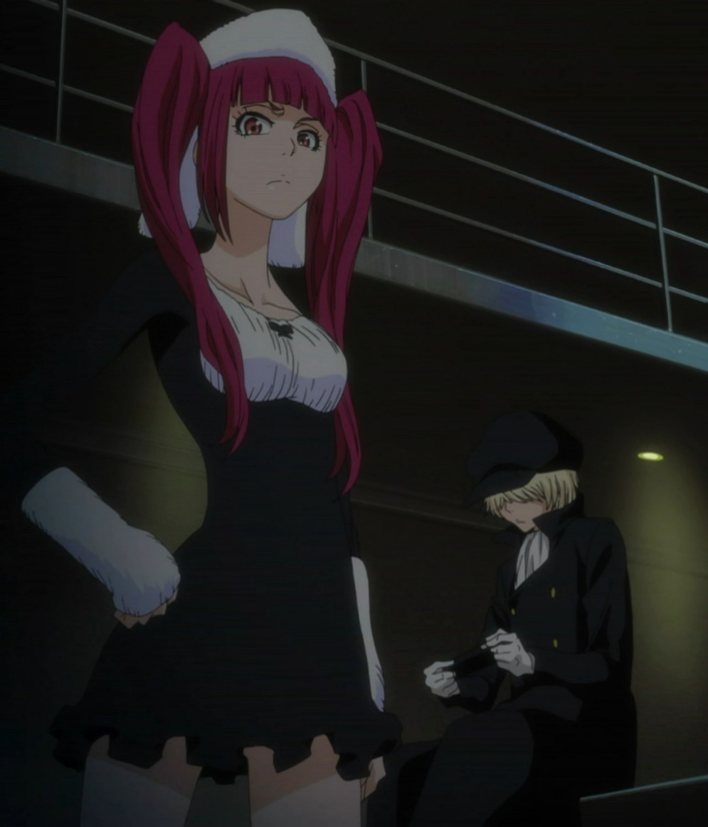 anime_screenshot bleach blonde_hair dokugamine_riruka hat long_hair pink_hair red_eyes stitched third-party_edit twintails yukio_hans_vorarlberna