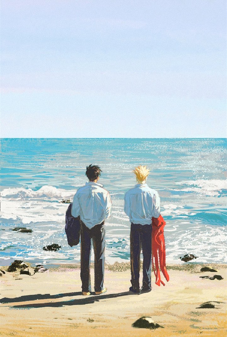 2boys beach black_hair black_jacket black_pants blonde_hair blue_sky coat commentary_request from_behind full_body holding holding_unworn_clothes jacket male_focus multiple_boys nicholas_d._wolfwood ocean outdoors pants red_coat shirt shirt_tucked_in short_hair side-by-side sky standing tacotako trigun unworn_coat unworn_jacket vash_the_stampede water white_shirt