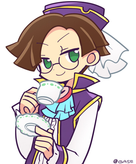 1boy ascot blue_ascot brown_hair closed_mouth commentary_request cup dress_shirt fukumitsu_(kirarirorustar) hat holding holding_cup holding_plate klug_(puyopuyo) long_sleeves looking_at_viewer official_style plate purple_hat purple_vest puyopuyo puyopuyo_quest round_eyewear shirt short_hair simple_background twitter_username upper_body vest white_background white_shirt