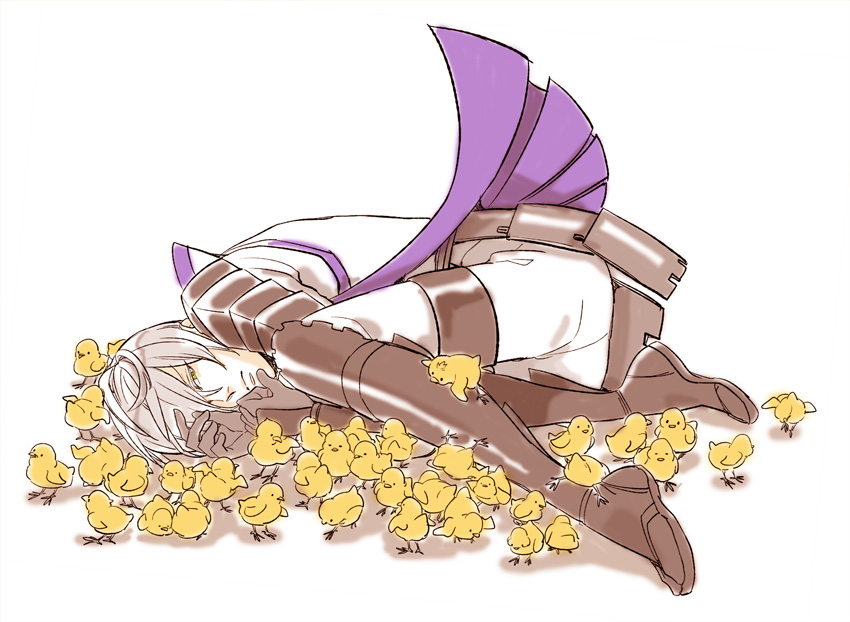 1boy bird boots brown_boots brown_gloves chick frown full_body gloves green_eyes grey_hair hair_over_one_eye ishida_mitsunari_(sengoku_basara) jinbaori knee_boots looking_at_viewer lying male_focus on_side sengoku_basara short_hair simple_background solo too_many too_many_chicks white_background yona_(waiko)