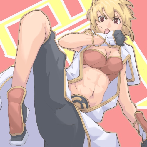 1girl :o bandeau belt black_gloves black_pants breasts brown_bandeau champion_(ragnarok_online) championship_belt cleavage coat foot_out_of_frame gloves gold_trim high_kick hood hooded_coat hutene kicking leg_lift looking_at_viewer lowres medium_breasts midriff navel open_mouth pants ragnarok_online short_hair sleeveless sleeveless_coat solo toned toned_female two-tone_gloves v-shaped_eyebrows white_coat white_gloves