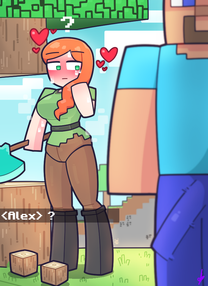 1boy 1girl ? alex_(minecraft) aqua_shirt axe belt black_boots block_(minecraft) block_(object) blue_eyes blue_pants blue_sky blurry blurry_foreground blush boots box_body breasts brown_hair brown_pants bulge cloud commentary dialogue_box english_commentary facial_hair grass green_eyes green_shirt hand_up heart holding holding_own_hair holding_pickaxe kozatchu large_breasts large_bulge large_penis long_hair looking_at_another minecraft minecraft_(style) minecraft_axe orange_hair outdoors pants penis pickaxe shirt short_hair short_sleeves sideways_glance sky standing steve_(minecraft) sweat tree weapon