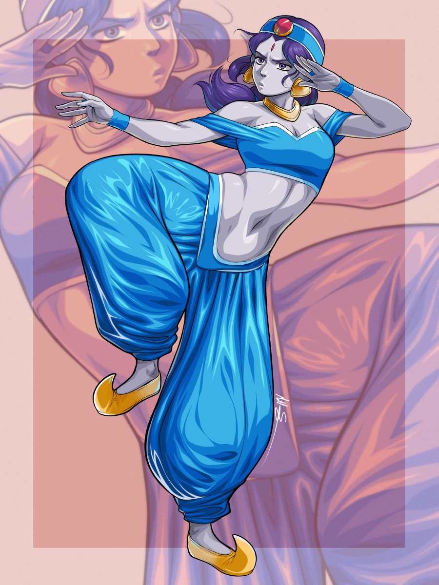 1girl aladdin_(movie) bandeau blue_bandeau blue_headband blue_pants colored_skin commentary commission cosplay dc_comics earrings english_commentary exmile facial_mark fighting_stance forehead_mark full_body grey_skin harem_pants headband highres jasmine_(disney) jasmine_(disney)_(cosplay) jewelry navel necklace pants pointy_footwear raven_(dc) shoes signature solo standing standing_on_one_leg teen_titans teen_titans_(tv_series) yellow_shoes zoom_layer