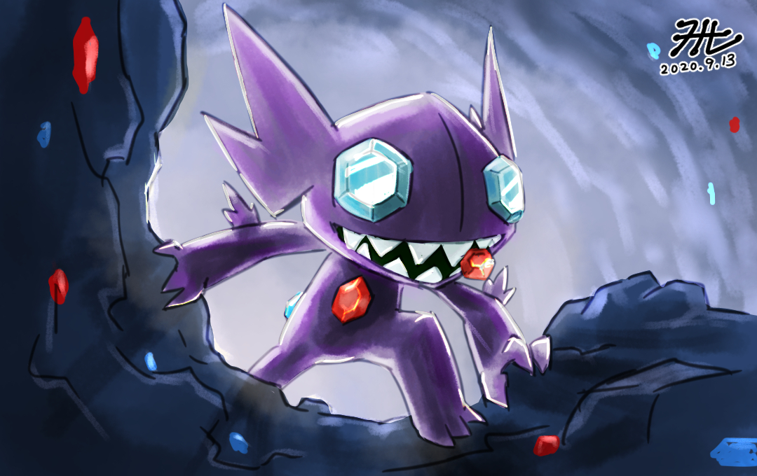 blue_gemstone cave commentary_request dated gem gen_3_pokemon nintendo no_humans null_suke one-hour_drawing_challenge pokemon pokemon_(creature) red_gemstone sableye sharp_teeth signature teeth translation_request