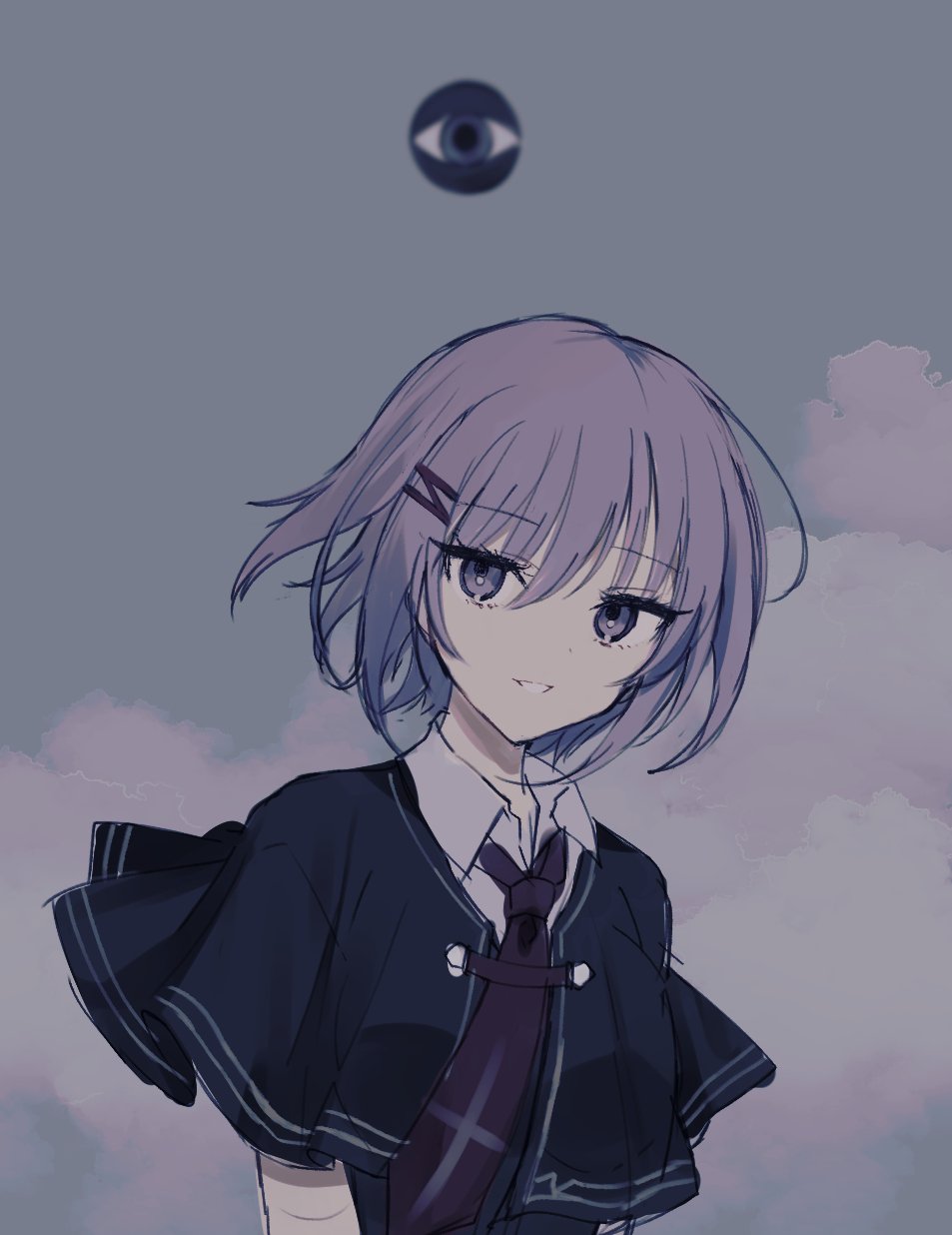1girl aiyan black_capelet blurry capelet cloud cloudy_sky collared_shirt commentary_request depth_of_field eyeball eyelashes eyes_visible_through_hair floating_hair grey_eyes grey_hair hair_between_eyes hair_ornament hairclip highres looking_at_viewer necktie otonashi_ayana outdoors parted_lips red_necktie school_uniform shirt short_hair sketch sky smile solo tsui_no_sora tsui_no_sora_(remake) tsurime upper_body white_shirt