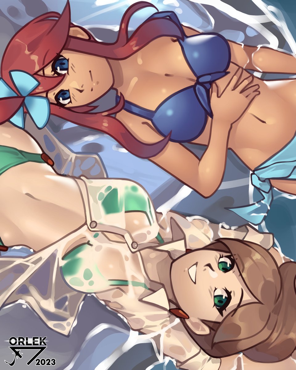 2girls artist_name professor_juniper bikini blue_bikini breasts brown_hair buttons cleavage commentary eyelashes from_above green_bikini green_eyes grin hair_ornament hand_on_own_stomach highres looking_at_viewer lying multiple_girls navel nintendo on_back one_side_up orlek parted_bangs pokemon pokemon_bw red_hair sarong shirt short_hair sidelocks skyla_(pokemon) smile swimsuit teeth water wet wet_clothes wet_shirt white_shirt