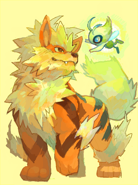 arcanine celebi closed_mouth commentary d&amp;p eye_contact fangs fangs_out flying friends full_body gen_1_pokemon gen_2_pokemon legendary_pokemon looking_at_another mythical_pokemon nintendo no_humans oekaki open_mouth paw_up pokemon pokemon_(creature) pokemon_focus simple_background standing tegaki turning_head yellow_background