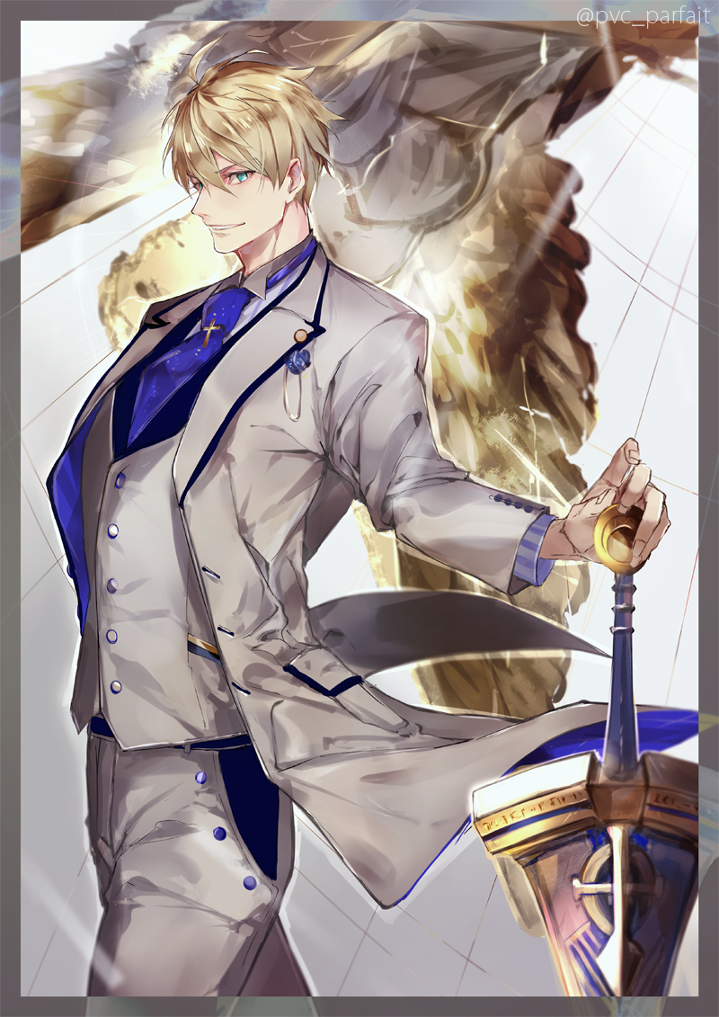 1boy ahoge arthur_pendragon_(fate) blonde_hair blue_eyes blue_necktie excalibur_(fate/prototype) fate/grand_order fate_(series) formal_clothes from_side gradient_background hair_between_eyes holding looking_at_viewer male_focus necktie pants pixiv_fate/grand_order_contest_2 pvc_parfait smile solo standing suit sword weapon white_suit