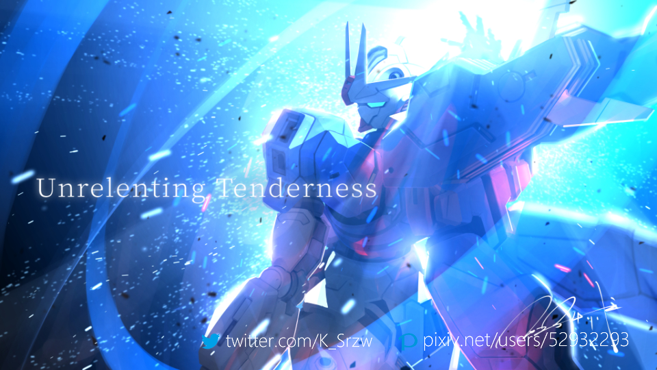 aqua_eyes commentary english_text episode_title from_behind gundam gundam_aerial_rebuild gundam_suisei_no_majo light_particles looking_at_viewer looking_back mecha mobile_suit no_humans pixiv_id pixiv_logo robot science_fiction serike_w signature solo twitter_logo twitter_username upper_body v-fin