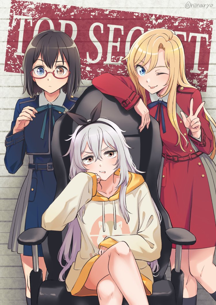 3girls annoyed artist_name black_hair blonde_hair blue_eyes brown_eyes chair cosplay crossed_legs dress english_text glasses hair_ribbon hand_on_own_face heterochromia hood hoodie inoue_takina inoue_takina_(cosplay) kamikoshi_sorawo kozakura_(urasekai_picnic) kurumi_(lycoris_recoil) kurumi_(lycoris_recoil)_(cosplay) long_hair long_sleeves looking_at_viewer lycoris_recoil lycoris_uniform multiple_girls niina_ryou nishikigi_chisato nishikigi_chisato_(cosplay) nishina_toriko one_eye_closed parody red-framed_eyewear ribbon short_hair sitting sleeves_past_wrists socks standing text_background tongue tongue_out two-tone_dress urasekai_picnic v very_long_hair white_hair