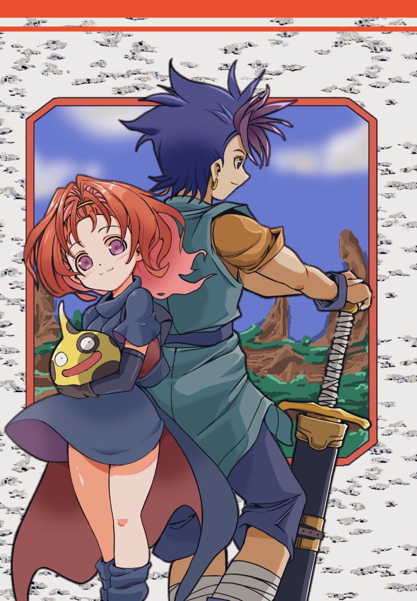1boy 1girl back-to-back barbara_(dq6) belt black_gloves black_sleeves blue_cape blue_dress blue_eyes blue_hair border botsu_(dq) breasts cape capri_pants cloud commentary_request creature detached_sleeves dragon_quest dragon_quest_maboroshi_no_daichi dragon_quest_vi dress earrings gloves gold_earrings green_tunic hands_on_hilt head_tilt high_ponytail holding holding_creature hoop_earrings inset_border jewelry kobawan_dam long_hair mottle_slime multicolored_hair orange_hair outdoors outside_border pants pink_eyes ponytail purple_hair red_cape sheath sheathed shirt short_dress short_hair short_sleeves sky small_breasts smile standing sword tunic two-tone_cape two-tone_hair weapon yellow_shirt