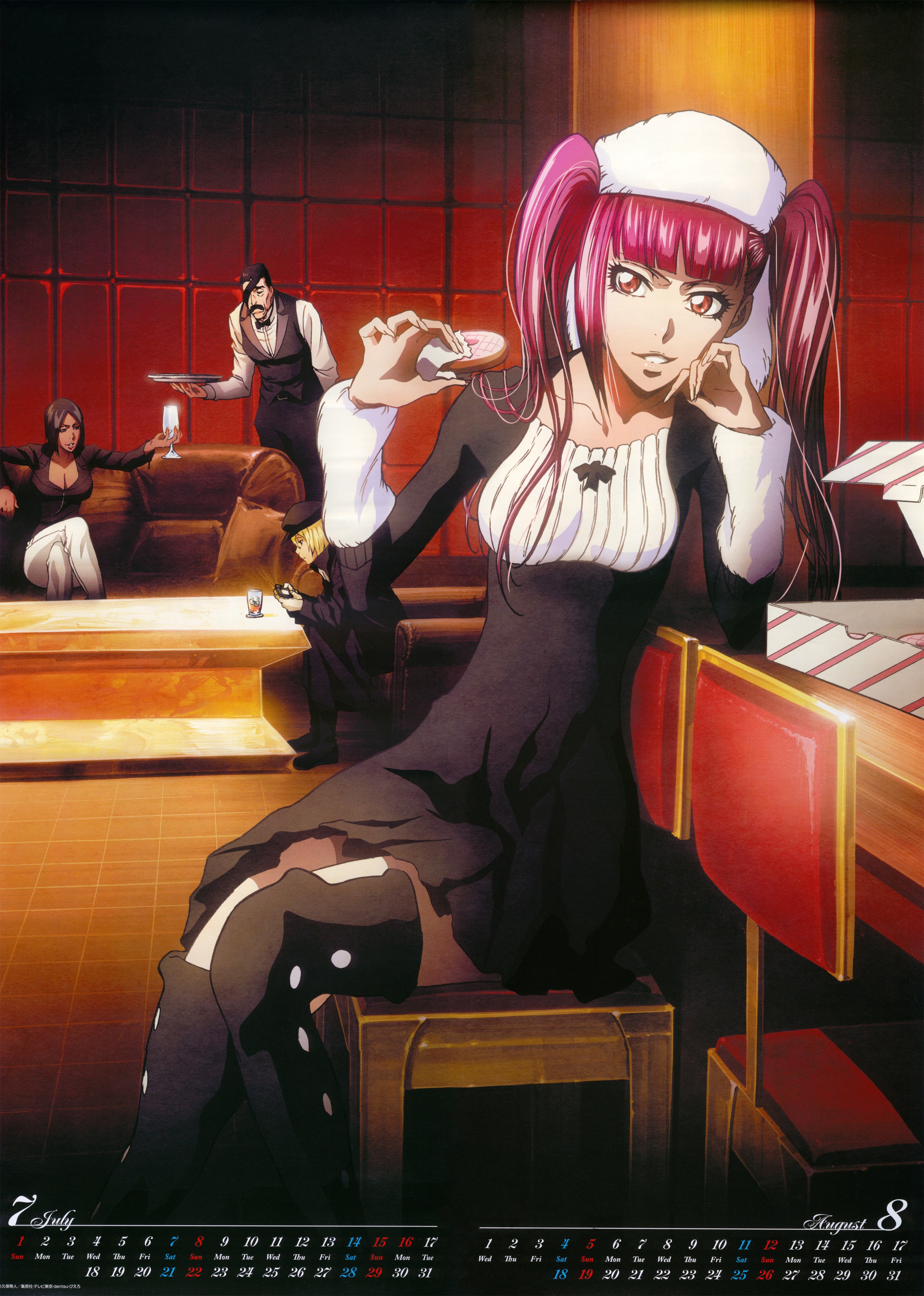 2012 2boys 2girls absurdres bleach boots breasts butler calendar dark_skin dated dokugamine_riruka donut facial_hair food hat highres ishikawa_tomomi jackie_tristan kutsuzawa_giriko multiple_boys multiple_girls mustache official_art pink_hair red_eyes scan sitting twintails yukio_hans_vorarlberna