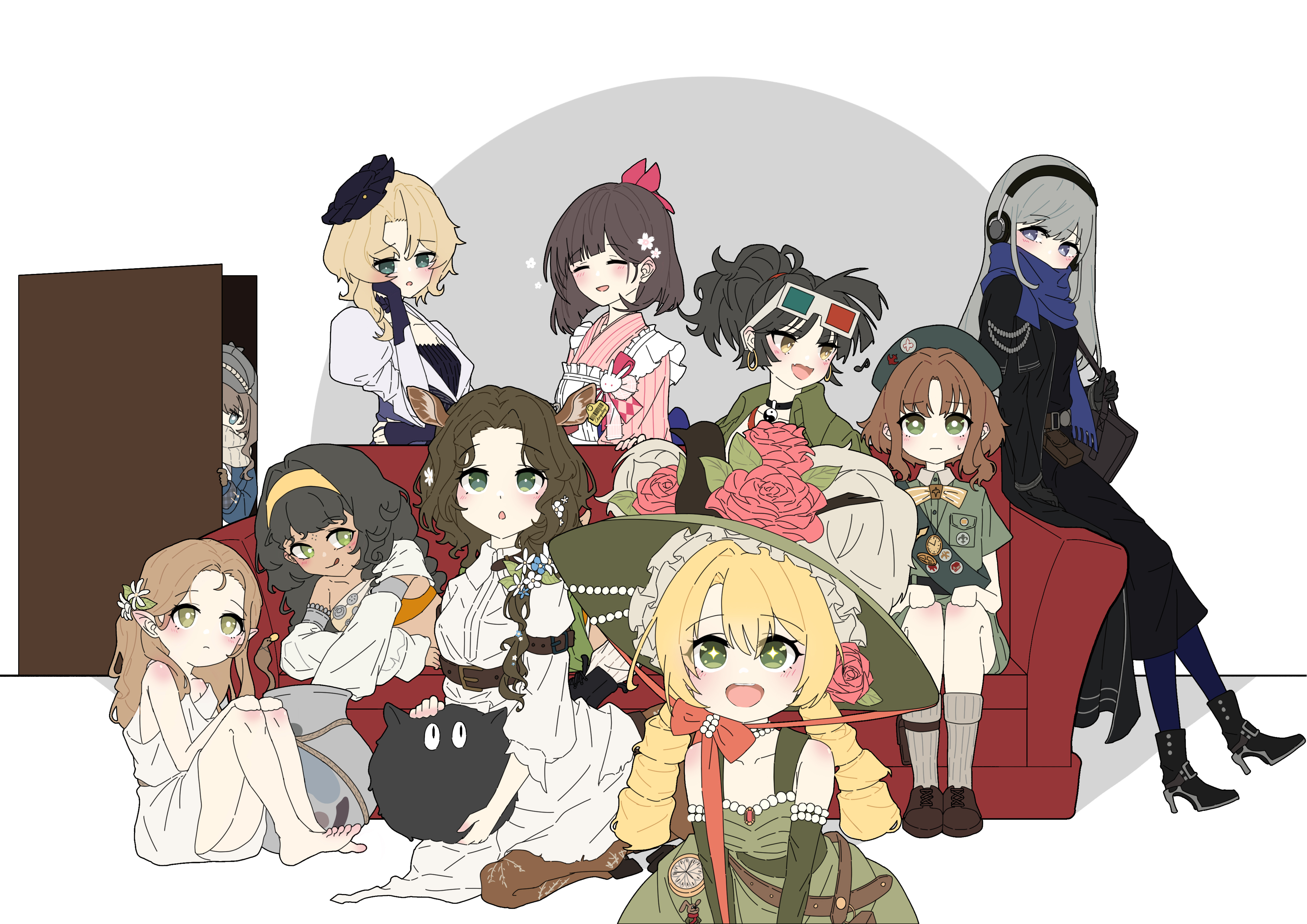 +_+ 3d_glasses 6+girls :d :o :q absurdres an-an_lee animal_ears ankle_boots apron arm_belt bag bare_legs bare_shoulders barefoot belt belt_pouch beret bkornblume black_bag black_choker black_dress black_footwear black_gloves black_hair black_hat blonde_hair blue_coat blue_eyes blue_pantyhose blue_scarf boots bow bowtie brown_belt brown_footwear brown_hair carbuncle_(reverse:1999) centauroid cherry_blossoms chin_strap choker clock closed_eyes coat coat_dress collared_dress collared_shirt couch covered_mouth creature daisy_(flower) deer_ears deer_girl detached_sleeves dress drill_hair druvis_iii eagle_(reverse:1999) ear_tag elbow_gloves eyewear_on_head flat_color flower frilled_apron frills frown gloves green_dress green_eyes green_gloves green_hat green_jacket green_sash grey_hair grey_hat grey_socks hair_bow hair_flower hair_ornament hairband hand_in_own_hair hand_on_knees hat hat_feather hat_flower headphones high_heels highres holding holding_creature holding_strap jacket japanese_clothes jessica_(reverse:1999) juliet_sleeves justina_(sduy5347) kanjira kimono knees_up la_source_(reverse:1999) long_dress long_hair long_sleeves looking_at_another looking_at_viewer low_ponytail marcus_(reverse:1999) multiple_girls on_couch on_ground open_mouth opening_door orange_bow pantyhose peeking peeking_out pink_kimono ponytail pouch puffy_long_sleeves puffy_sleeves rabbit_ornament red_bow reverse:1999 sash satsuki_(reverse:1999) scarf scarf_over_mouth shirt short_sleeves shoulder_bag shoulder_sash sitting sleeveless sleeveless_dress smile socks sotheby straight_hair striped_clothes striped_kimono sun_hat taur tongue tongue_out tunic twin_drills vertical-striped_clothes vertical-striped_kimono white_apron white_background white_scarf white_shirt white_tunic yellow_bow yellow_bowtie yellow_eyes yellow_hairband yin_yang
