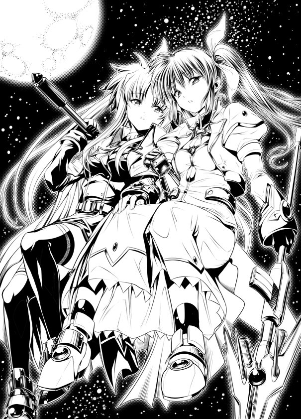00s 2girls bardiche_(nanoha) bardiche_(zanber_form)_(nanoha) fate_testarossa fate_testarossa_(impulse_form) full_moon greyscale hikapan long_hair looking_at_viewer lyrical_nanoha magical_girl mahou_shoujo_lyrical_nanoha_strikers monochrome moon multiple_girls raising_heart raising_heart_(exceed_mode) saeki_shun takamachi_nanoha takamachi_nanoha_(exceed_mode) tosh_(imonade_ryouchou) twintails