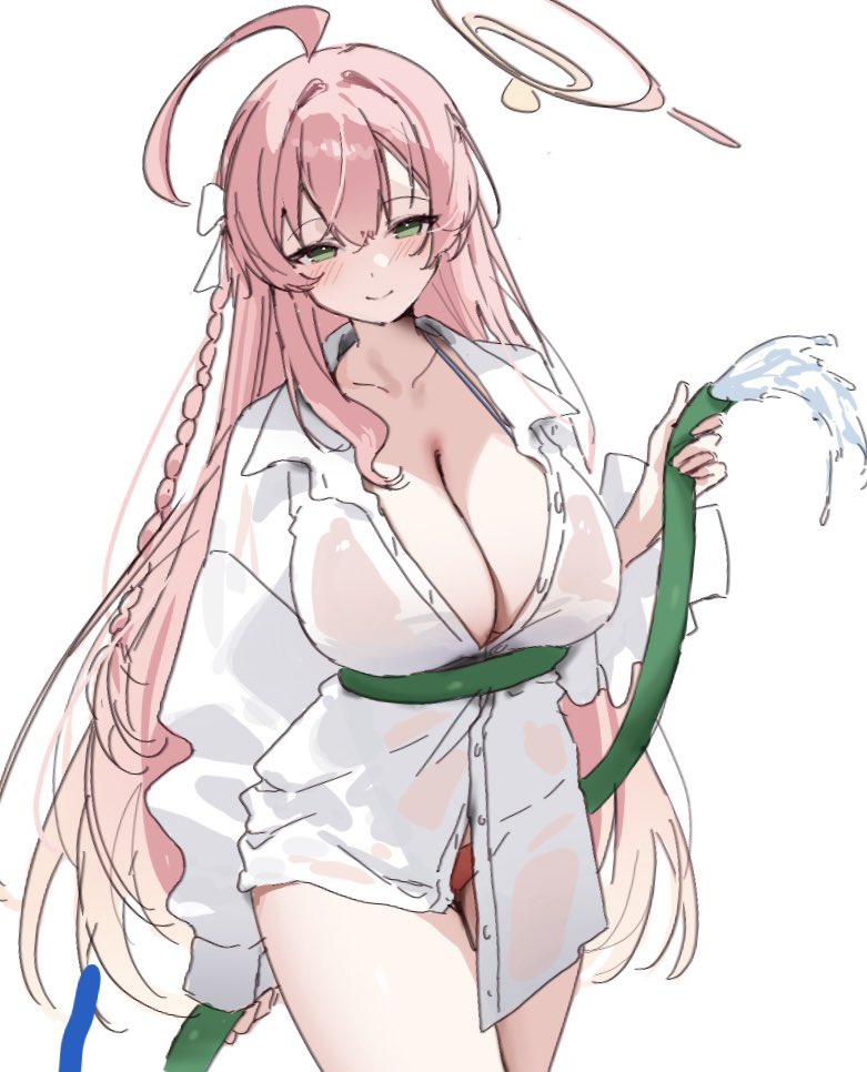 1girl ahoge bikini bikini_under_clothes blue_archive green_eyes halo hanako_(blue_archive) holding holding_hose hose miyuchiq official_alternate_costume oversized_clothes oversized_shirt pink_bikini pink_hair pink_halo shirt solo swimsuit wet wet_clothes wet_shirt
